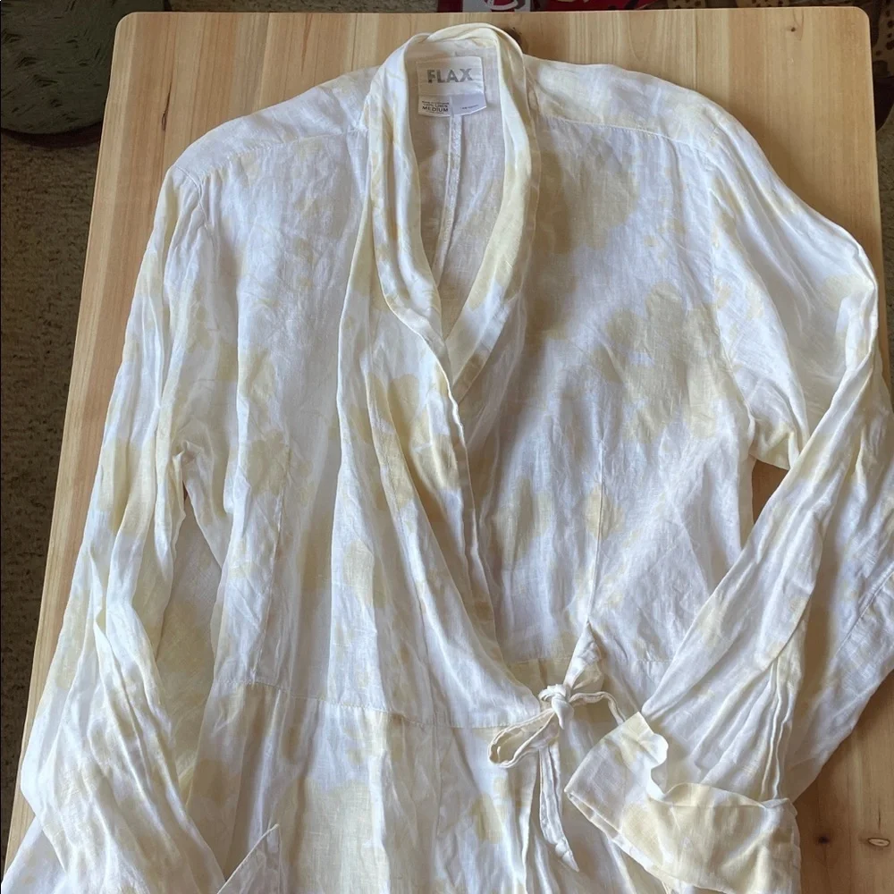 FLAX Elegant White Floral Pure Linen Women's Robe